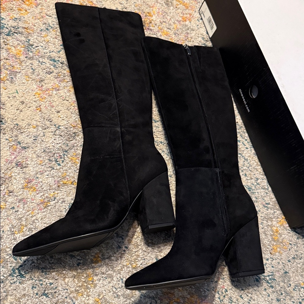 Nine West Womens Gabal Black Suede Pointed Toe Tall Knee-High Boots Shoes NIB 9